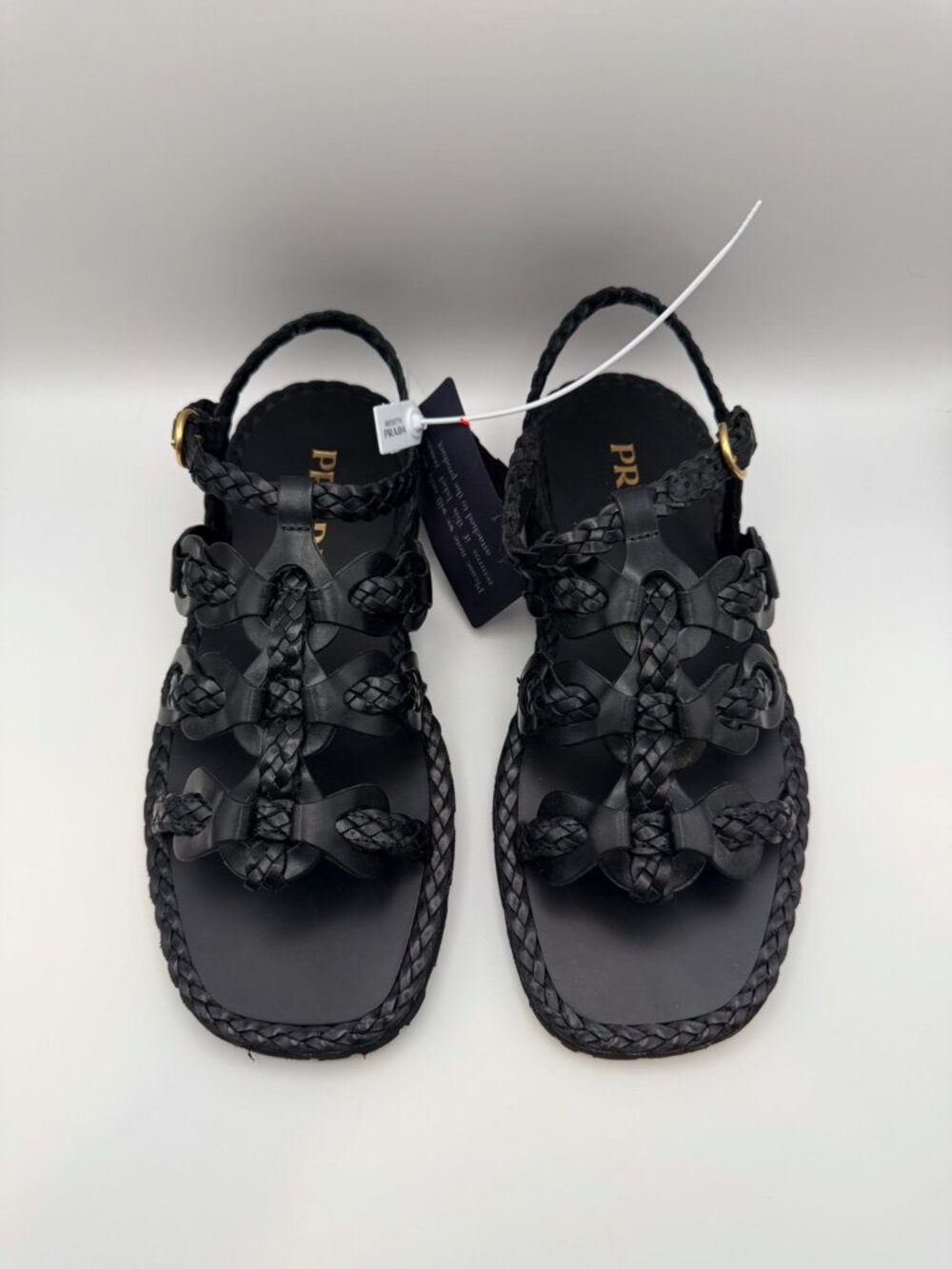 NWT Prada Black Braided Leather Flat Sandals Size 39 / US 9 w Box Dust Bag